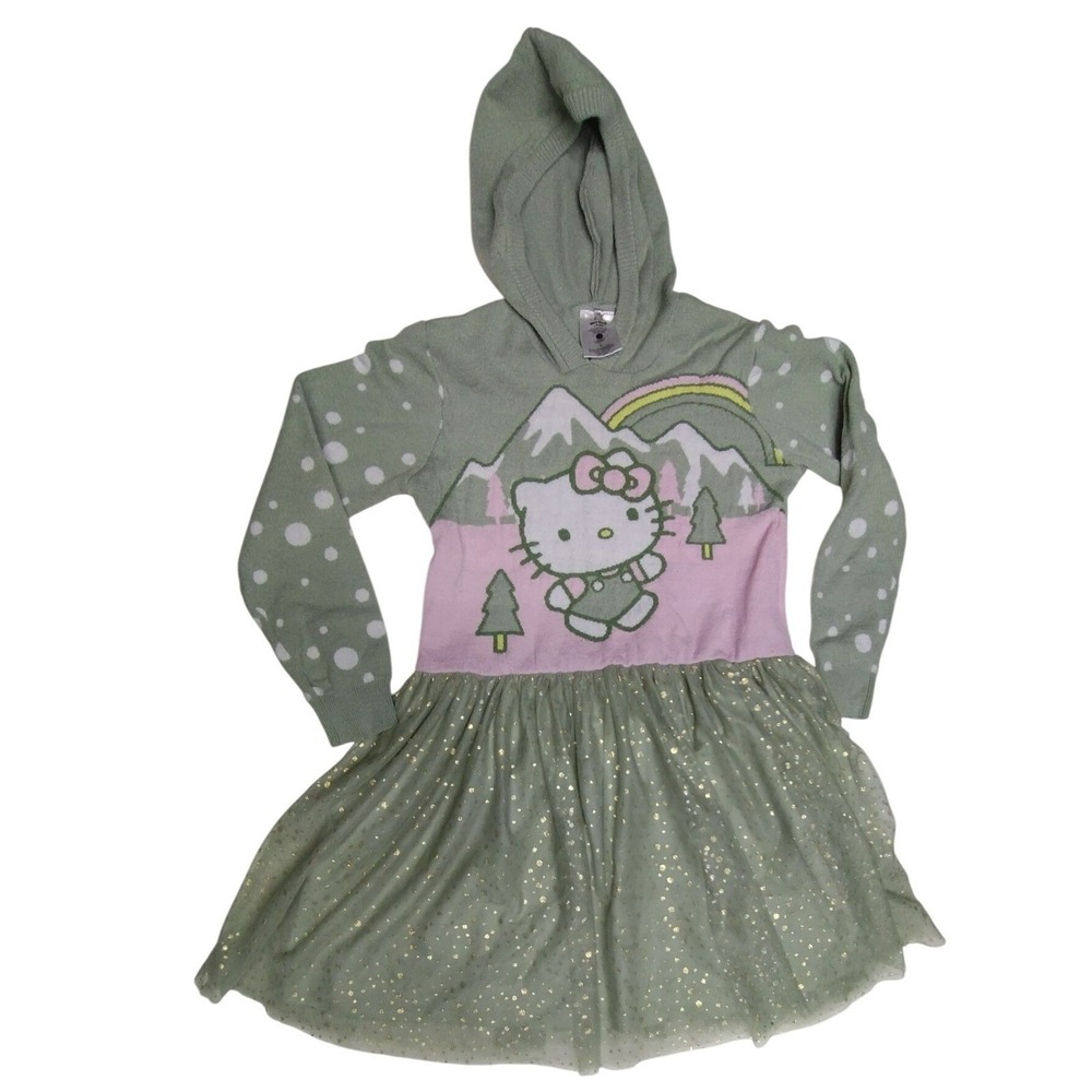 Hello Kitty Girls 10/12 Hoodie Sage Green Sweater Dress Sparkle Tutu 2024 Sanrio